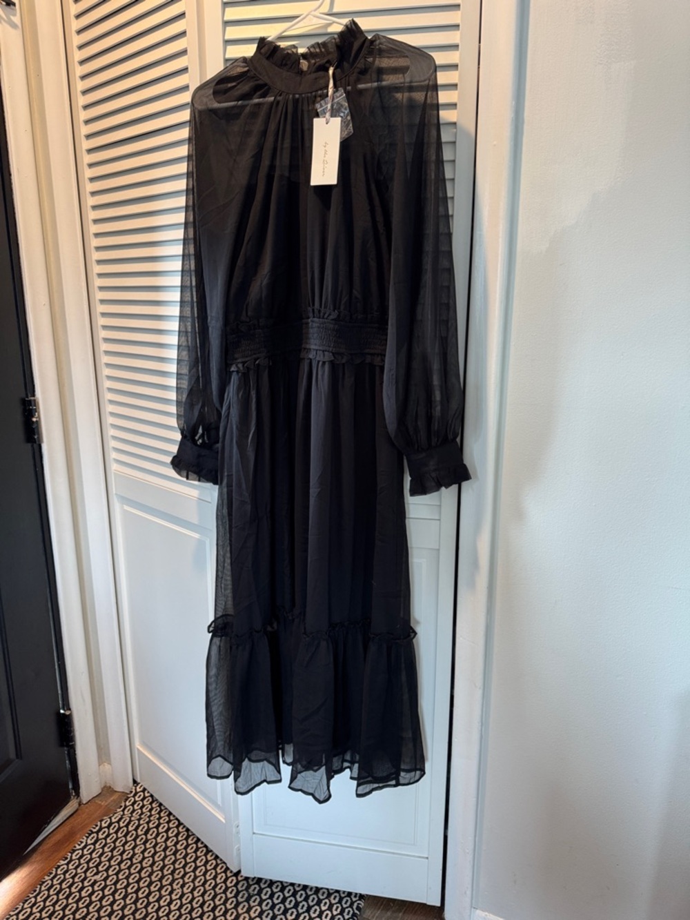 Black Long-Sleeve Ruffle Neck Tiered Midi Dress